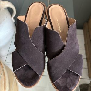 Anthropology Italian made chocolate brown suede chunky circular heel slides.